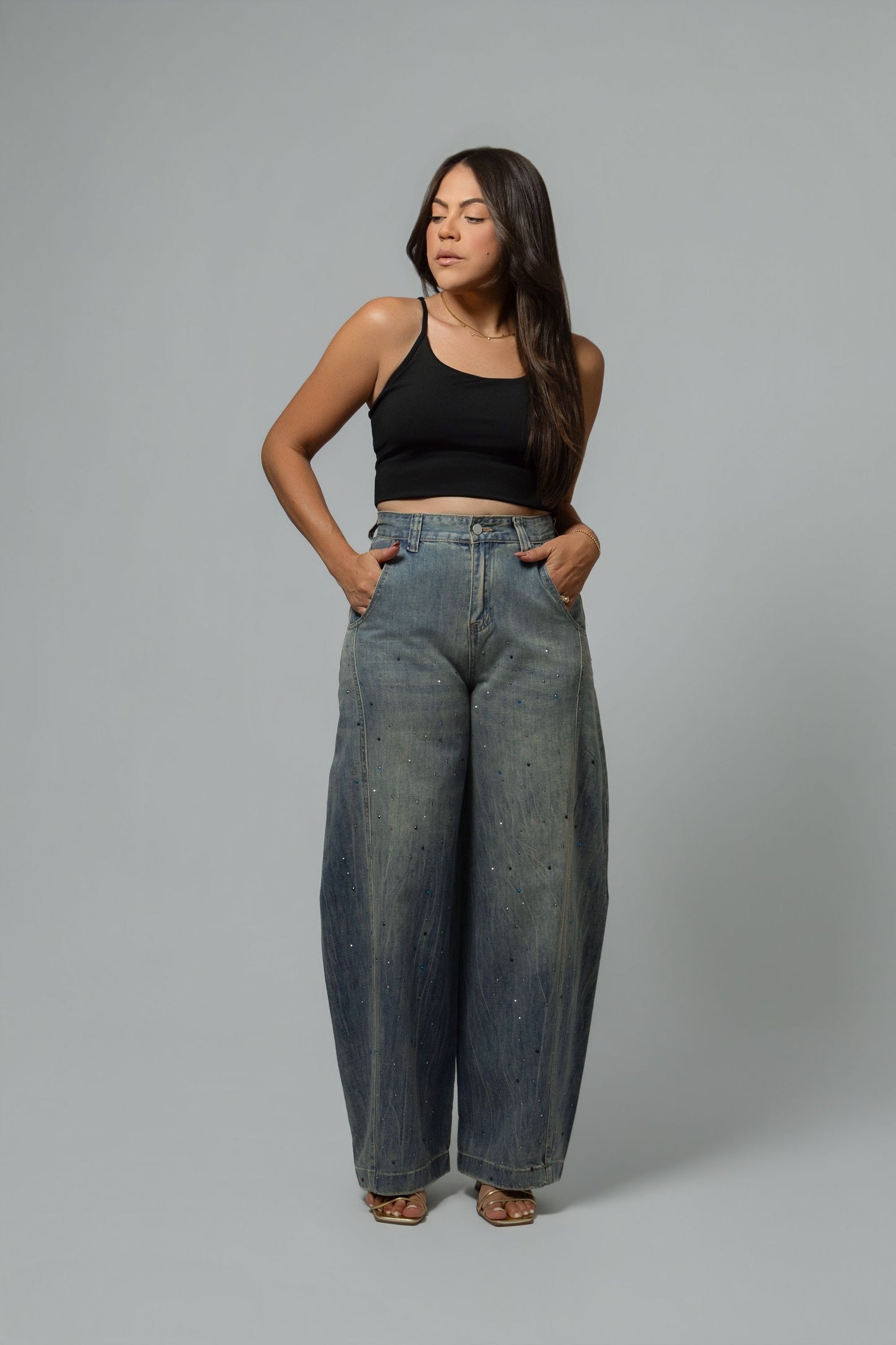 Rhinestones Barrel Jeans